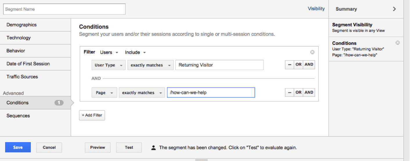 Google Analytics Segments-Conditions
