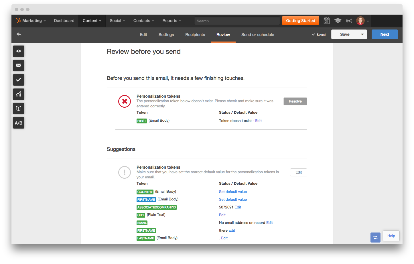 Incorrect unpersonalized email in Hubspot
